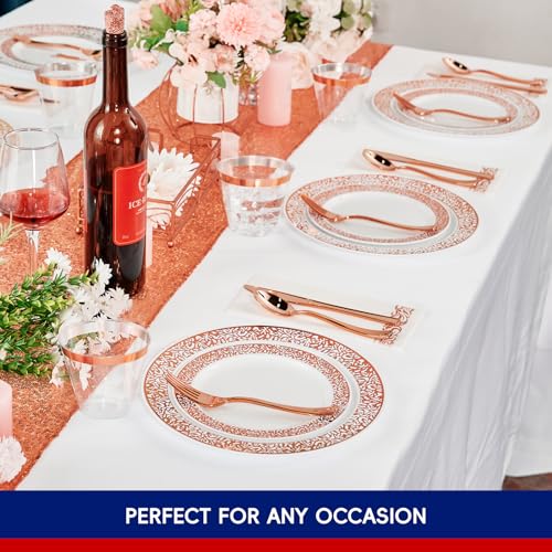 𝟮𝟭𝟬 Count Rose Gold Plastic Dinnerware Disposable Plates 30 Dinner & 30 Dessert Plates & 30 Cups & 30 Rose Gold Paper Napkins & 30 Plastic Silverware Set - color: Rose Gold