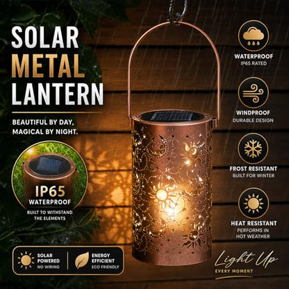 Solar Lantern Outdoor Waterproof with Sun Moon Stars Patterns, Garden Tangled Decor for Yard Patio Lawn Porch Backyard, Ramadan Light Unique Gifts for Women - style: (Bronze-4" Dia) Sun-Moon-Star