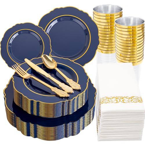 KIRE 210Pcs Navy Blue Plastic Plates - Blue and Gold Plates Disposable - 30guest Baroque Plastic Dinnerware for Upscale Wedding/Parties/4th of July - color: 210PCS - Navy Blue and Gold