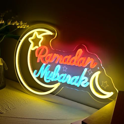 Ramadan Mubarak Neon Sign, Dimmable Led Sign Crescent Moon Wall Light for Ramadan Decorations, Islamic Home Decor for Window, Living Room & Bedroom Festival Display