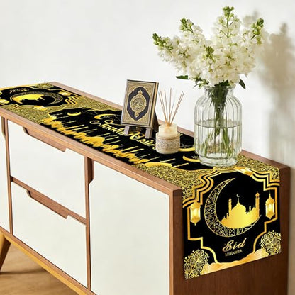 Ramadan Mosque Linen Table Runner: Black and Gold Mosque Moon Tablerunner Muslim Eid Al-fitr Eid Mubarak Perfect for Ramadan Party Home Kitchen Dining Mantel 13×72Inches(1 Pcs) - color: Ramadan Black