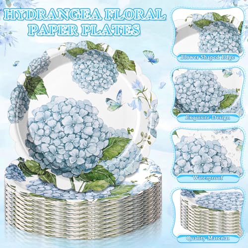 Funnymoom 96 Pieces Hydrangea Floral Tableware Set for 48 Pcs Guest Include 48 Pcs 7 Inch Dessert Plates and 48 Napkins Watercolor Disposable Dinnerware for Birthday Wedding Baby Shower Party Supplies - style: Hydrangea