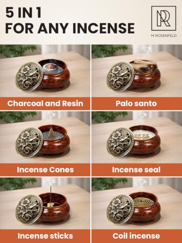 Resin Incense Burner for Frankincense & Bakhoor – Ceramic Charcoal Incense Burner with Lid, Stainless Steel Mesh and Heat-Resistant Lining for Altar & Meditation, Glazed Red - color: Red