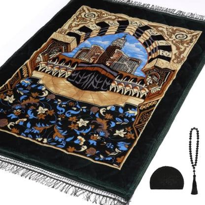 Muslim Prayer Rug with Tasbih Prayer Beads & Kufi Hat, Padded Very Thick Prayer Rug Sajadah for Men and Women (Green3) - color: Green3