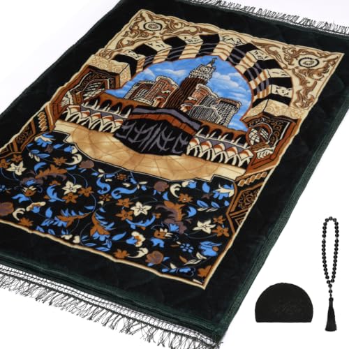 Muslim Prayer Rug with Tasbih Prayer Beads & Kufi Hat, Padded Very Thick Prayer Rug Sajadah for Men and Women (Green3) - color: Green3