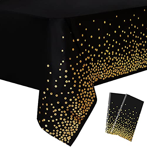 2 Pack Black Plastic Tablecloth Disposable Black and Gold Tablecloth for Rectangle Tables 54" x 108" Party Decorations Birthday Thanksgiving Christmas Valentines Wedding Outdoor BBQ Picnic (Black) - color: Black, size: 2 Pack