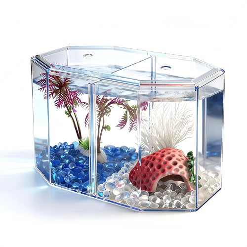 Small Fish Shrimp Tank - Mini Sea Monkeys Tank Tiny Aquarium Tank - Include Hideout Decoration & Fish Tank Gravel - 2/5 Gallon Fry Fish Bowl Divided Compartments Beta Fish Tanks for 2 Betas