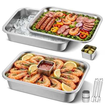 2-Set 14“ X 10.4” Chilled Serving Trays, Shrimp Cocktail Serving Dish, Cooling Platter Charcuterie Board for Appetizer Salad Buffet Parties, Food Chillers for Party Dishwasher Safe, Stainless Steel - size: 2-Set Square