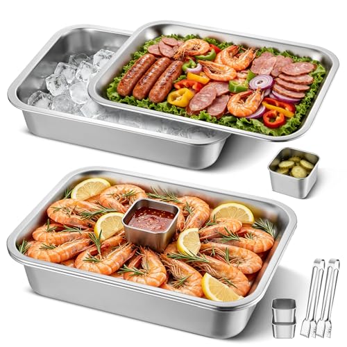 2-Set 14“ X 10.4” Chilled Serving Trays, Shrimp Cocktail Serving Dish, Cooling Platter Charcuterie Board for Appetizer Salad Buffet Parties, Food Chillers for Party Dishwasher Safe, Stainless Steel - size: 2-Set Square