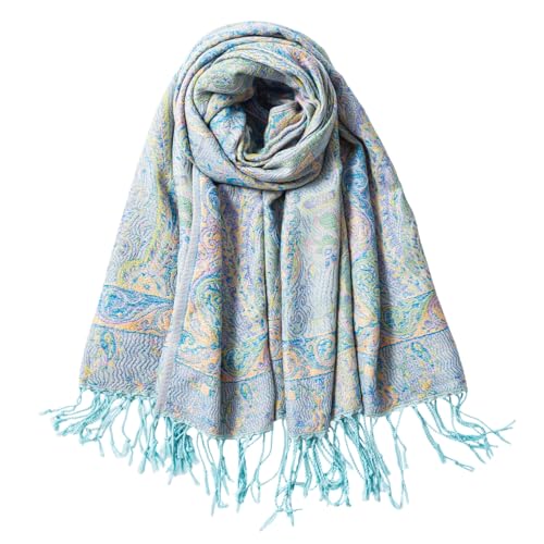 TUSHUSTY Pashmina Feel Shawls Wraps Rave Scarf for Women Soft Silky Reversible Men Scarves Hijab - color: Light Blue Yellow