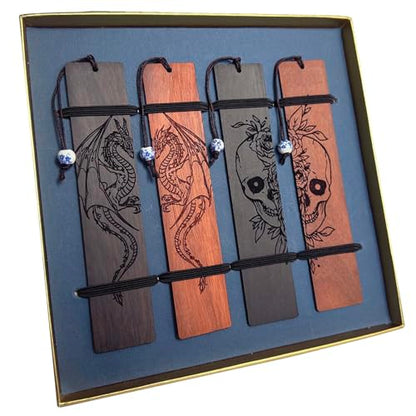 4 Pcs Wooden Bookmark Set, Book Marks for Book Lovers, Unique Bookmarks Gifts for Men Boy (Dragon and Skull) - style: Dragon and Skull
