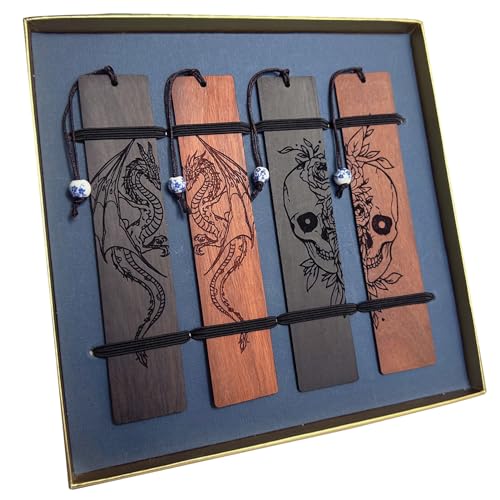 4 Pcs Wooden Bookmark Set, Book Marks for Book Lovers, Unique Bookmarks Gifts for Men Boy (Dragon and Skull) - style: Dragon and Skull
