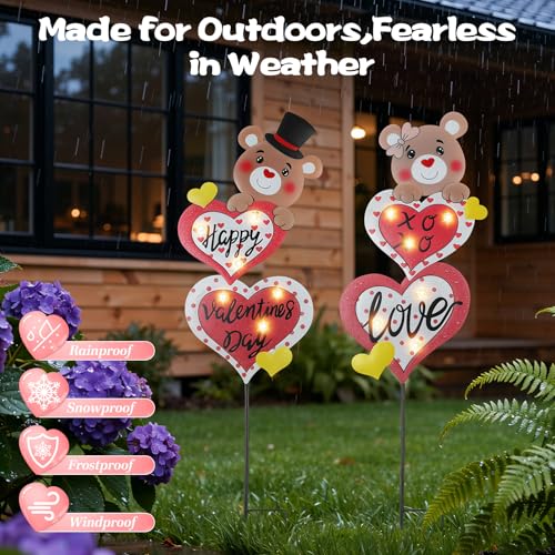 Lewondr 2 Pcs Valentine's Day Decorations Outdoor, Metal Solar Pathway Lights, Love Bear Decorative Garden Stakes Lights with 12 LED Beads, Waterproof Yard Signs for Porch Lawn Wedding Anniversary - style: Heart and Bear