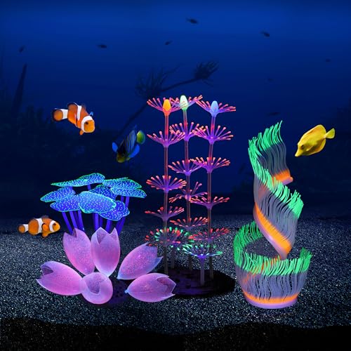 Glowing Fish Tank Decoration Aquarium Plants Accessories Kit #6 | Glowing Effect Fish Tack Decoration Accessories Including Strip Coral Feather Coral Princess Anemone Plant Aquarium Decor Kit - style: Princess Anemone+strip Coral+Coral+anemone