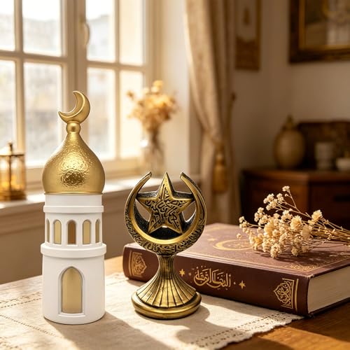 2PCS Ramadan Decoration for Table Set– Islamic Crescent Moon & Mosque Tower + Crescent Star Statues Table Centerpiece, Eid Mubarak Home & Office Decorations, Islamic Festival Decor Gift