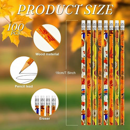 Cinrobiye 100 Pieces Fall Thanksgiving Day Pencils with Eraser Holiday Fall Maple Leaf Autumn Pumpkins Wood Scarecrow Acorns Pencils for Harvest School Party Gift Supplies - style: Fall