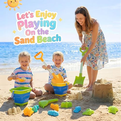 Beach Toys for Kids,Travel Sand Toys Beach Essentials for Kids Age 3-10 | Sand Castle Building Kit with 2 Collapsible Bucket,2 Long Beach Shovels,Sand Molds,Mesh Bag Sandbox Toys for Boys Girls