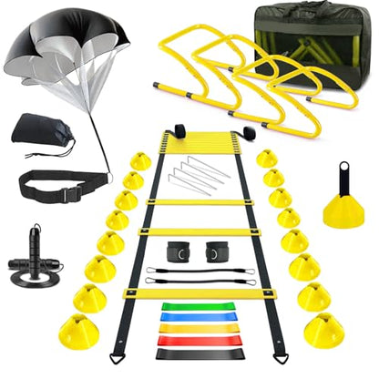 Haootadiy Agility Training Equipment, Football Training Equipment Includes 20FT Agility Ladder,4 Adjustable Agility Hurdles, 12 Football Cones, Parachute, for Training Soccer Basketball Athletes - color: YELLOW
