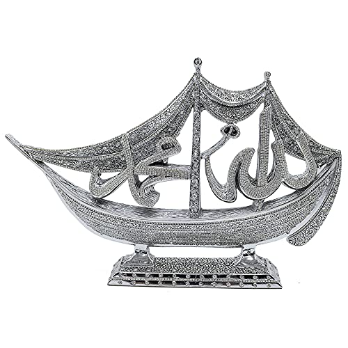 Modefa Turkish Islamic Table Decor - Unique Sailboat Shaped Showpiece Sculpture - Ramadan Eid & Special Occasion Gift - Allah & Muhammad in Intricate Arabic Calligraphy (Silver) - color: Silver