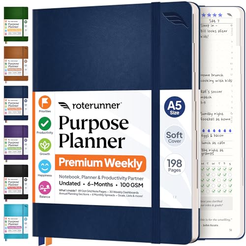 Purpose Planner Notebook A5 5.8”x8.3” Undated 2026 Daily Weekly and Monthly Productivity Goal Setting Tool for Work Home ADHD Planner for Adults Self Care Journal (Navy Softcover) - color: Navy, size: A5 Softcover