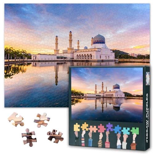 Jigsaw Puzzle 1000 Pieces for Adults Mosque in Sunset Colors Islamic Wall Art Landmark Poster Print Home Decor Challenging Large Size Puzzle 27.5x19.7 Inch - color: Artwork-09