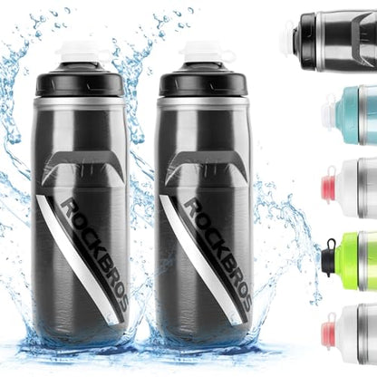 ROCKBROS Bike Water Bottle, 21oz Insulated Cycling Squeeze Bottle | 21oz Insulated Bike Bottle Keeps Drinks Cold for Hours, with Soft Squeeze Design, Leakproof Spout and Universal Cage Fit - color: Black*2 Pack