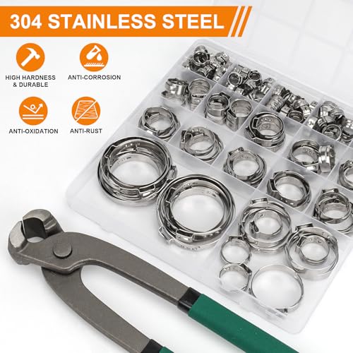 117PCS Sieqioor 16 Sizes Single Ear Clamp Kit,304SS 5.3-48.5mm, With Pincer | 304 Stainless Steel Single Ear Hose Clamp, Stepless Hose Clamps Cinch Rings for Automotive, Home Appliance Line and Plumbing - size: 117pcs+1pcs Pincer