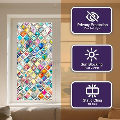 Window Privacy Film Vibrant Diamond Stained Glass Window Film Decorative - color: Mini Diamond Mosaic