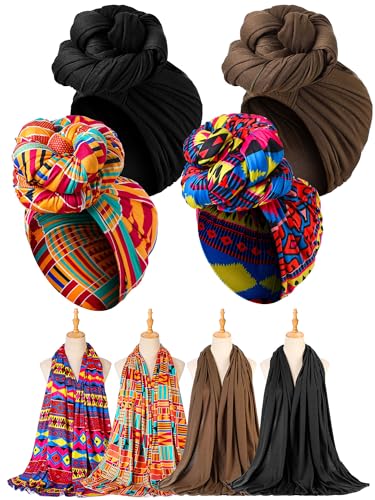 4 Pcs African Scarf for Women Head Wraps for Black Women Stretch Turbans Jersey Hijab Scarf Hair Wraps Lightweight Headbands Cover