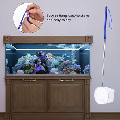 4 Inch Aquarium Net, Fish Net for Fish Tank with 8.6" to 39" Long Extendable Stainless Steel Handle Blue Round Small Aquarium Fine Mesh Shrimp Nets Pond Food Residue Debris Skimming for Fishes Shrimp