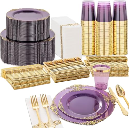 Nervure 350Pcs Purple Plastic Plates, Plastic Dinnerware Set for 50 Guests - color: Purple