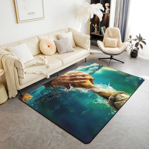 God Embrace Ocean Kids Area Rug,Sunset Sea Waves Ocean Water Indoor Floor Mat Entrance Rug for Girls Boys,Western Bible Verse Spiritual Faith Non Slip Rug,Dark Blue Couch Living Room Decor,3'x5' - color: Dark Blue, size: 3'3" x 4'11" (Rectangular)