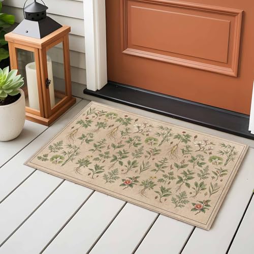 Vintage Botanical 2' x 3' Area Rugs for Entryway, Washable Bathroom Mat Rugs with Rug Tape, Country Herbs Leaves Plants Flowers Brown Accent Indoor Outdoor Doormat for Front Door Kithcen Dorm - size: 2'11" x 2' (Rectangular)