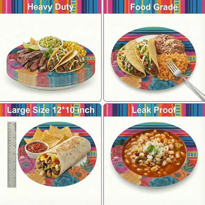 Dereinwo 50 Pcs Fiesta Large 12" x 10" Oval Paper Plates and Napkins Disposable Heavy Duty Paper Plates and Napkins for Cinco De Mayo Party Supplies - style: Cinco De Mayo