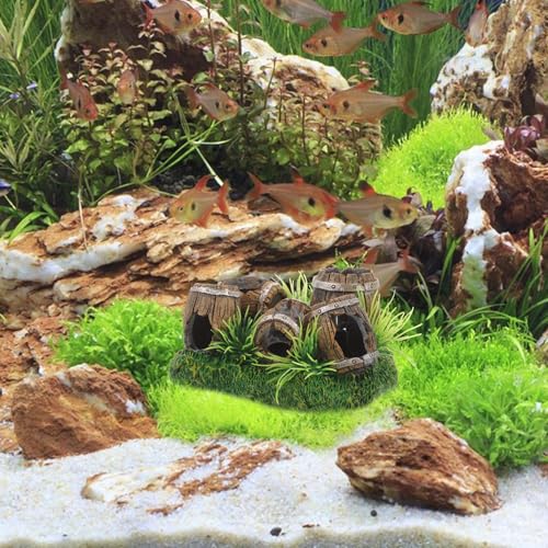Kisangel Wine Barrel Aquarium Ornament Resin Fish Tank Decoration with Hideout Cave for Fish and Shrimp Shelter 2.36X3.35X2.36 Inch Rustic Aquarium Decor