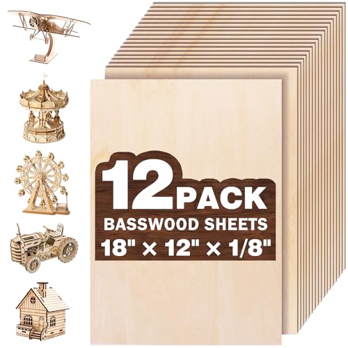 12 Pack Basswood Sheets for Crafts,18"x12"x1/8" 3mm Thick Plywood Sheets with Smooth Surfaces-Unfinished Squares Wood Boards for Laser Cutting, Wood Burning, Architectural Models, Staining - size: 12 Pack -18X12X1/8 Inch