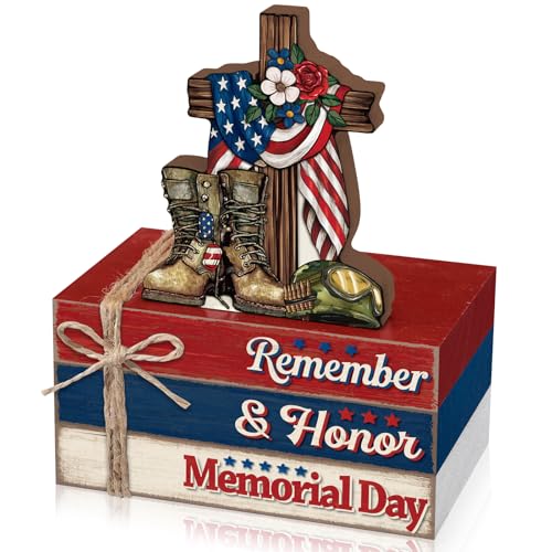 Geelin 4 Pcs Memorial Day Wooden Book Stack Decorations, Patriotic Tabletop Book Sign Set with Boots Cross Helmet and Flag, Rustic Red White Blue Tiered Tray Decor for Home, Office, Veterans Day - style: Memorial Day