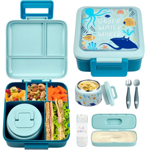 JXXM Bento Lunch Box for Kids with 8oz Soup Thermo,Leak-Proof Lunch Containers with 5 Compartment,Thermo Food Jar Food Containers for School (Blue-Octopus) - color: Blue-Octopus