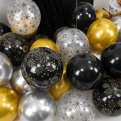 Black and Gold Balloons, Black Silver Gold Balloons, Silver Star Fireworks Printed Balloon With Star Foil Balloon For New Year Retirement Graduation Birthday Baby Shower Party Wedding Celebration - color: Black Silver Gold