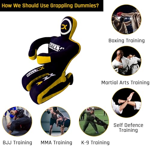 DALLX MMA Grappling Dummy BBJ Wrestling Brazilian Jiu Jitsu Punching Bag Judo Karate Throwing Boxing Fighting Dummy Self Defense Sitting Position – UNFILLED - color: Black Yellow, size: 6FT