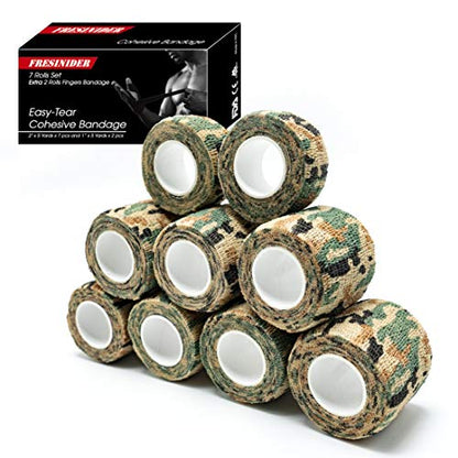 FRESINIDER 9 Rolls Self Adhesive Wrap Athletic Tape Gauze, Breathable Elastic Cohesive Bandage for Sports Injury & Pet (7 Pcs 2" x 5 Yards + 2 Pcs 1" X 5 Yards) (German Woodland Camo) - color: German Woodland Camo