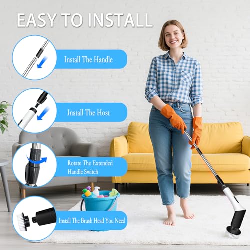 Spin Scrubber,9-In-1Multifunctional Cleaning Brush with Detachable Handle,9 Replaceable Brush Heads&LCD Display,Rechargeable Electric Spin Scrubber for Bedroom,Bathroom,Kitchen,Car - color: Black