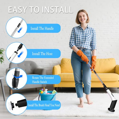 Spin Scrubber,9-In-1Multifunctional Cleaning Brush with Detachable Handle,9 Replaceable Brush Heads&LCD Display,Rechargeable Electric Spin Scrubber for Bedroom,Bathroom,Kitchen,Car - color: Black