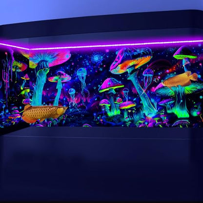 72X16IN Blacklight Aquarium Background UV Reactive Mushroom Background Starry Sky Terrarium Background with 10 EVA Double-Sided Tape - size: 72X16in/180X40cm