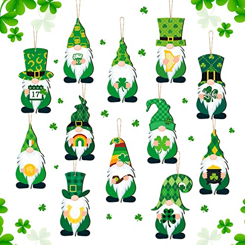 Patelai 36 Pcs St. Patrick's Day Wooden Gnome Ornaments Decoration for Tree Green Shamrock Gnome Hanging Ornament Wood Irish Saint Patrick's Day Decor for Small Tree Craft Party Holiday - style: Shamrock
