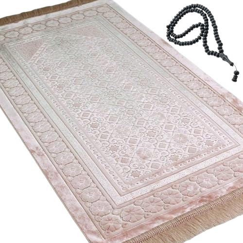 Modefa Velvet Prayer Rug with Prayer Beads Turkish Janamaz Sajadah Floral Stamp Luxury Plush (Light Pink) - color: Light Pink