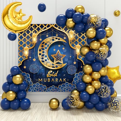 Eid Mubarak Decorations for Home - 70pcs Ramadan Decorations include Blue Gold Star Moon Balloons and Eid Mubarak Banner for Ramadan Decor - color: Blue Gold