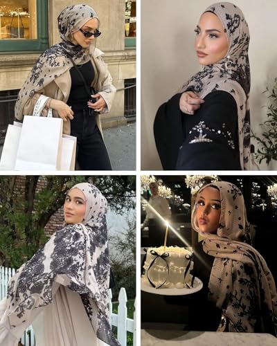 ZGMYC Watercolour Floral Printed Hijab Scarf for Women Soft Modal Cotton Instant Hijab Head Wraps Shawls Long Scarves - color: Khaki & Black Lace