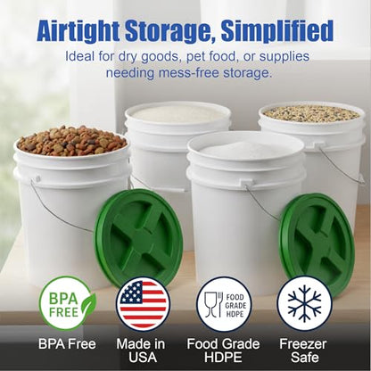 5 Gallon Bucket - Food Grade w/Lid BPA-Free, White/Green, 3 | Airtight Gamma Seal Screw-On Lid, Heavy-Duty 90 Mil HDPE Plastic, Food Safe and Durable Container, Bulk Storage, Made in USA - color: White/Green, size: 3 Packs