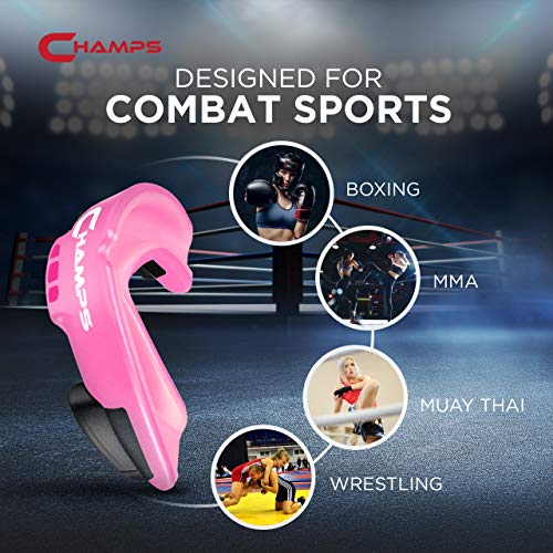 Champs MMA Breathable Mouth Guard for Boxing, MMA, Jiu Jitsu, Muay Thai, Wrestling & Combat Sports – Easy Fit, Boil & Bite Design Mouthpiece – Durable Boxing Mouthguard for Men & Adults, Case Included - color: Pink